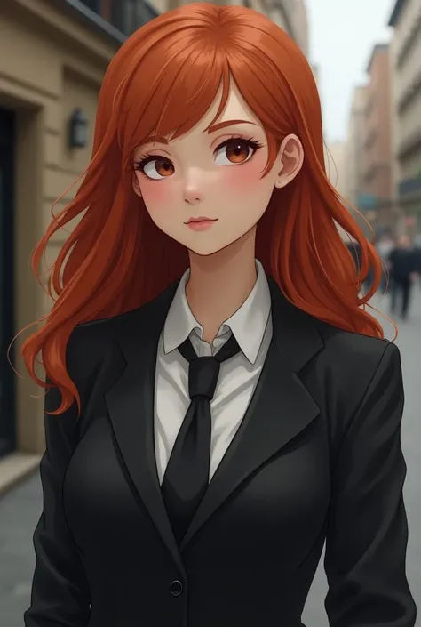  Masterpiece of red hair , 18 year old young woman,  detailed face with a mole under the left eye, slanted eyes,  lawyer costume in detail ,  prioritizes clothes with details , She goes to work ,  The background is a street since it is 