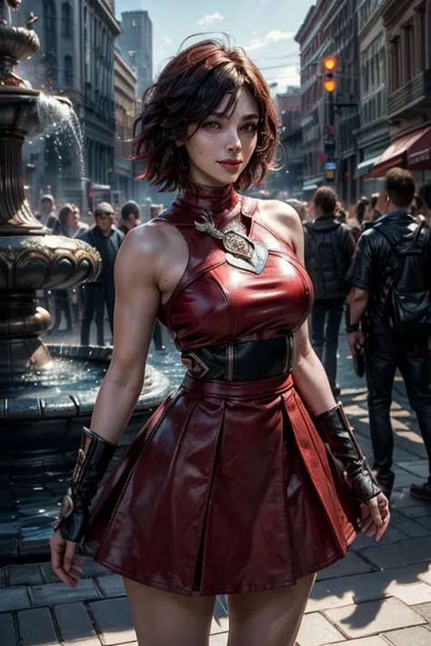 srwby, short hair, black hair, red hair, t-shirt, skirt, gradient hair, grey eyes, standing outside, smiling, (cowboy shot), dynamic pose, standing near fountain on city street, crowd, intricate details, tonemapping, sharp focus, hyper detailed, (masterpie...