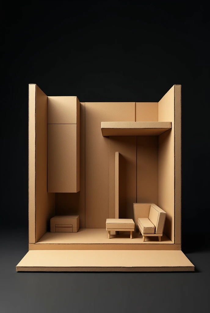 Make a model of cardboard , a room.  that is on paper and the background is black
