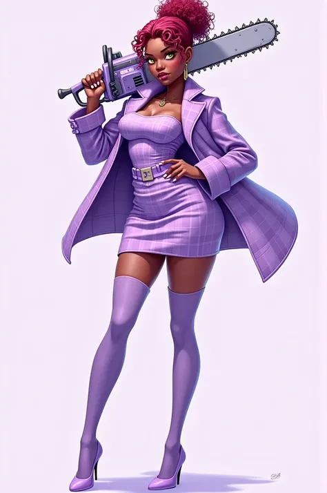 Gacha club style, female character, dark skin, curly red hair tied in half, purple outfit with plaid pattern, in a white blouse, a lilac plaid coat, lilac sheath skirt in the same pattern, lilac thigh-high stockings, pastel yellow eyes, chainsaw on shoulde...