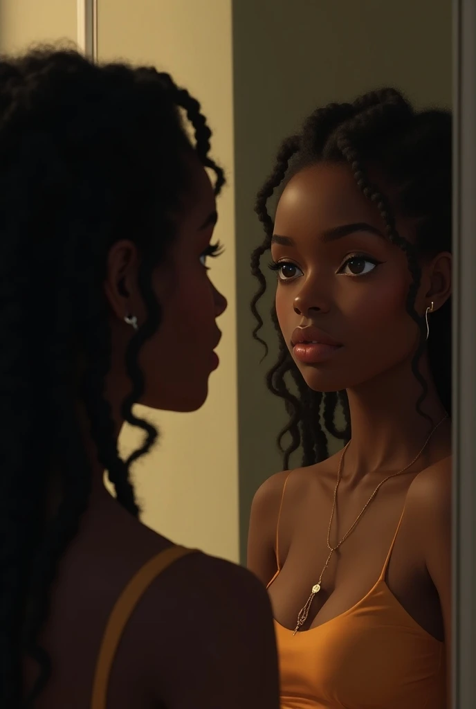 Smart black girl looking in the mirror (horizontal) 