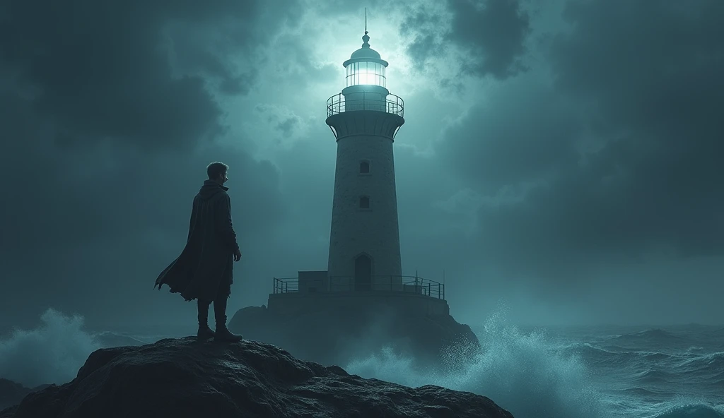  A man standing atop a lighthouse tower ,  alongside a ghostly figure . The lighthouse light rotates slowly ,  illuminating the dark scenery and surrounding storm.