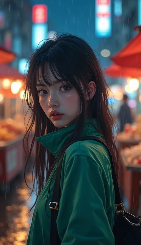 raining night ,city, A beautiful woman wearing gyaru makeup and a sports suit on the bustling streets of Gintama., surrounded by vendors, Beautiful portrait of a stunning girl goddess,  beautiful and detailed face , porcelain skin,  takes full body, center...