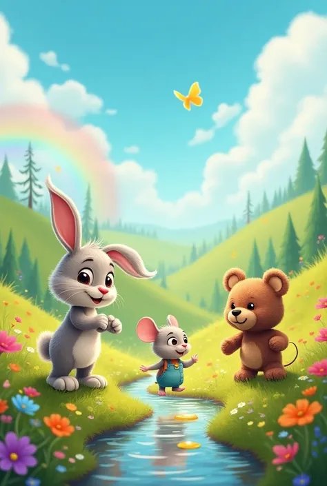 Give me an image of a bunny ,  a mouse and a teddy bear in a rainbow valley  (  animated is for a story about a second-grader ) WELL LIVED