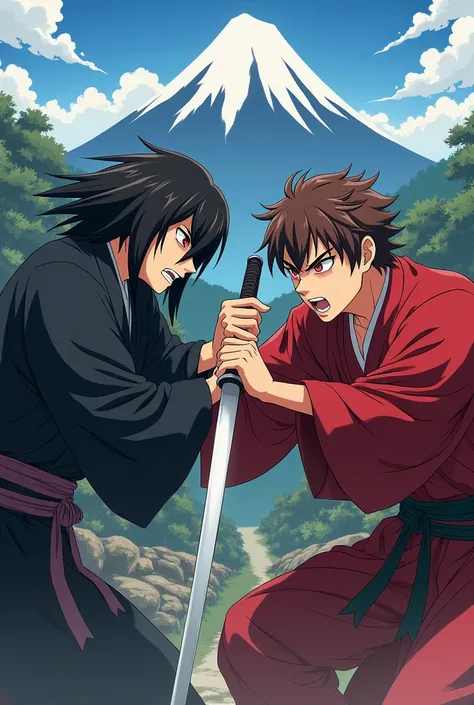  Make the anime-style image of two samurais fighting each other ,  in a Feudal Japan of the Sengoku period . Make one with brown eyes and straight black hair in a black robe and the other with red eyes and brown hair in a red robe.  The samurais are pressi...