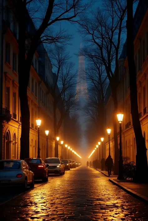 Street with lights in Paris at night 