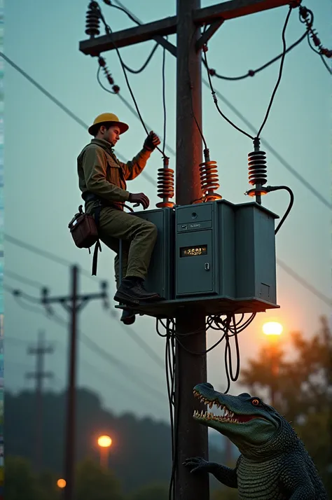 Electrician working on a pole with the transformer and many electric arcs and an alligator and the frace chavic stéreo 