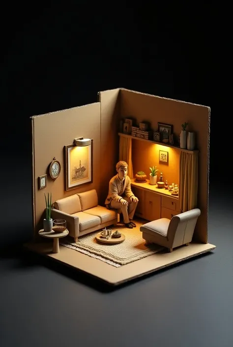 Make a perspective cardboard model , a nice room with a man in .  that is on paper and the background is black.
