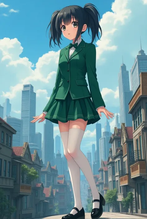 Anime young giantess wearing a green blazer and skirt. She has on white stockings and black mary-janes. She has black hair in twin pigtails. She is looming over a city.