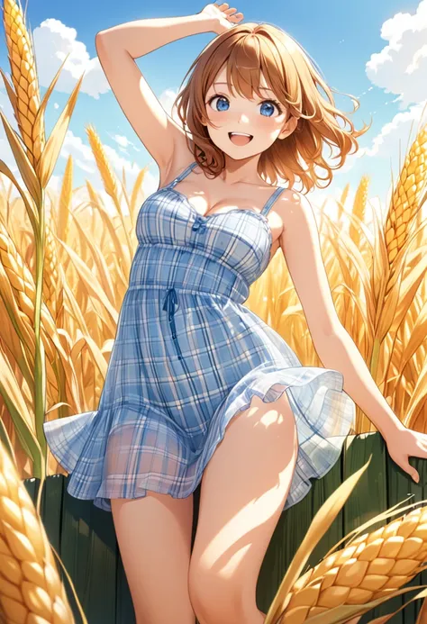 detailed illustration, dynamic angle, ultra-detailed, illustration, golden brown hair, big blue eyes, girl, medium breasts, innocent, eager, field of corn, sitting on the fence, horny, blush, smiling, wave, short blue plaid sundress, thin sundress, sheer s...