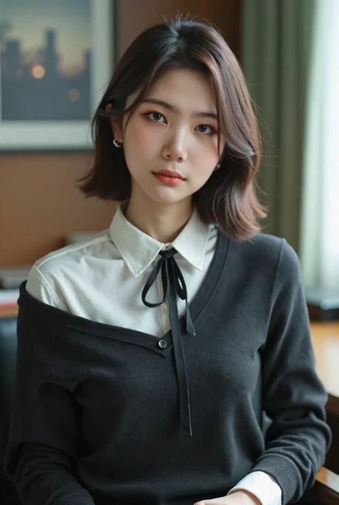 (japanese woman:1.5), 30 y.o, detailed face and eyes, (8k, RAW photo, best quality, masterpiece:1.2), (realistic, photo-realistic:1.37), ultra-detailed, ultra high res, high quality, high resolution, very detailed, office room, ((black off shoulder straigh...