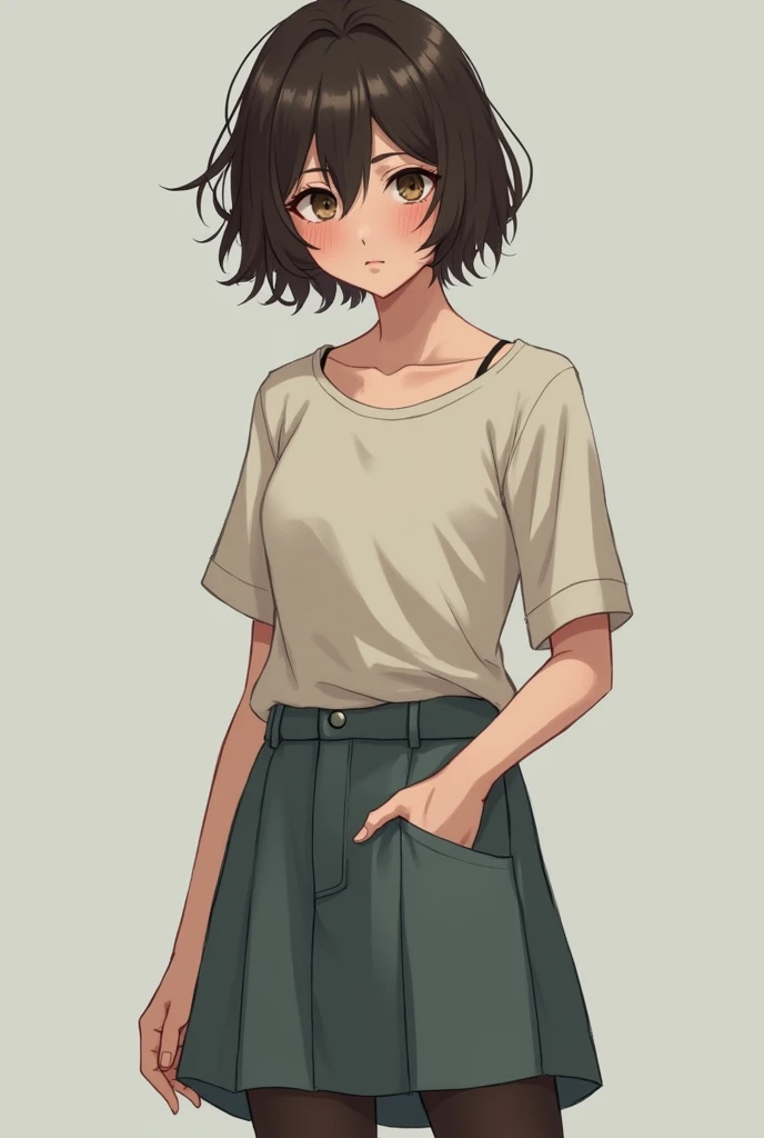 A 23-year-old girl with short, messy hair, wearing a skirt and tights.