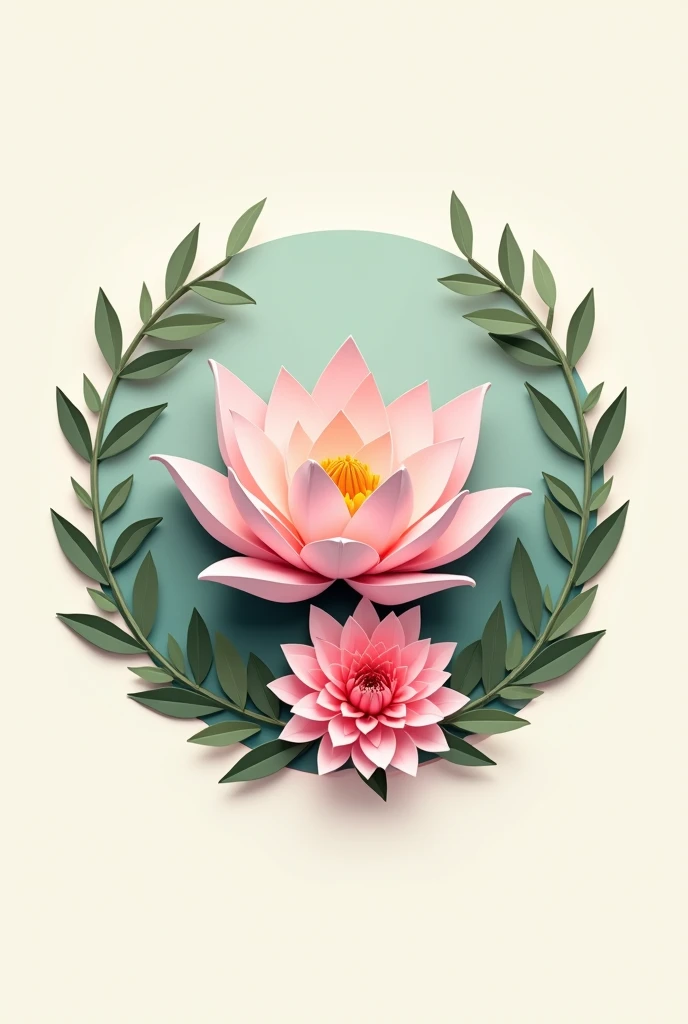 Circular company logo , with a paper water lily flower in the center origami style,  olive leaves surrounding the edges of the logo and a pink dahlia flower in the lower center of the Logo. Cartoon style with a range of pastel colors