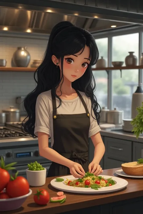 Black-haired girl cooking healthy food in a realistic restaurant
