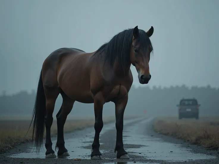 Make a sad horse in the rain , cinematic