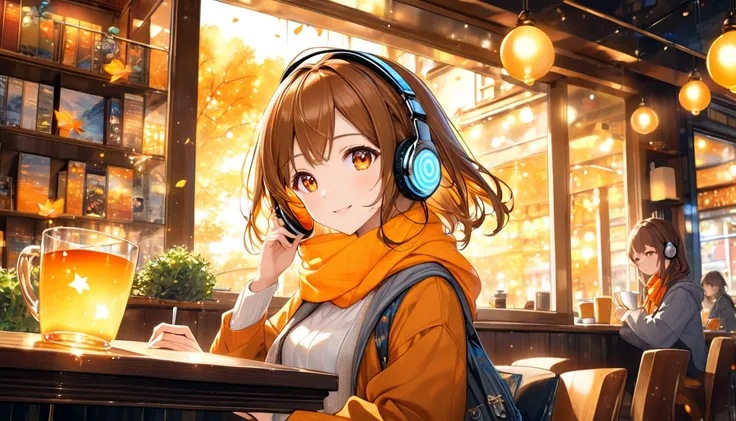 background：Cafe window、 falling leaves dancing outside 。  
expression： quietly concentrating on the book 、Suddenly smiling 。  
Costume： casual jacket and scarf 。  
Pose： holding a cup 、Holding a book with one hand 。  
scene：( brown-haired girl wearing head...