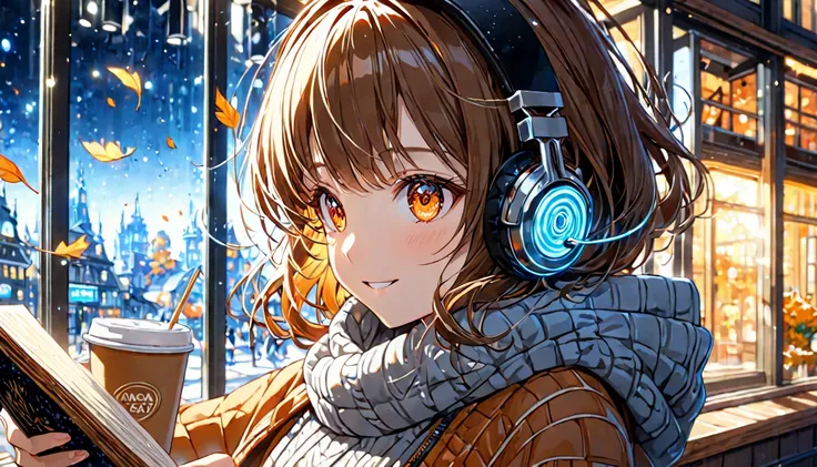 background：Cafe window、 falling leaves dancing outside 。  
expression： quietly concentrating on the book 、Suddenly smiling 。  
Costume： casual jacket and scarf 。  
Pose： holding a cup 、Holding a book with one hand 。  
scene：( brown-haired girl wearing head...