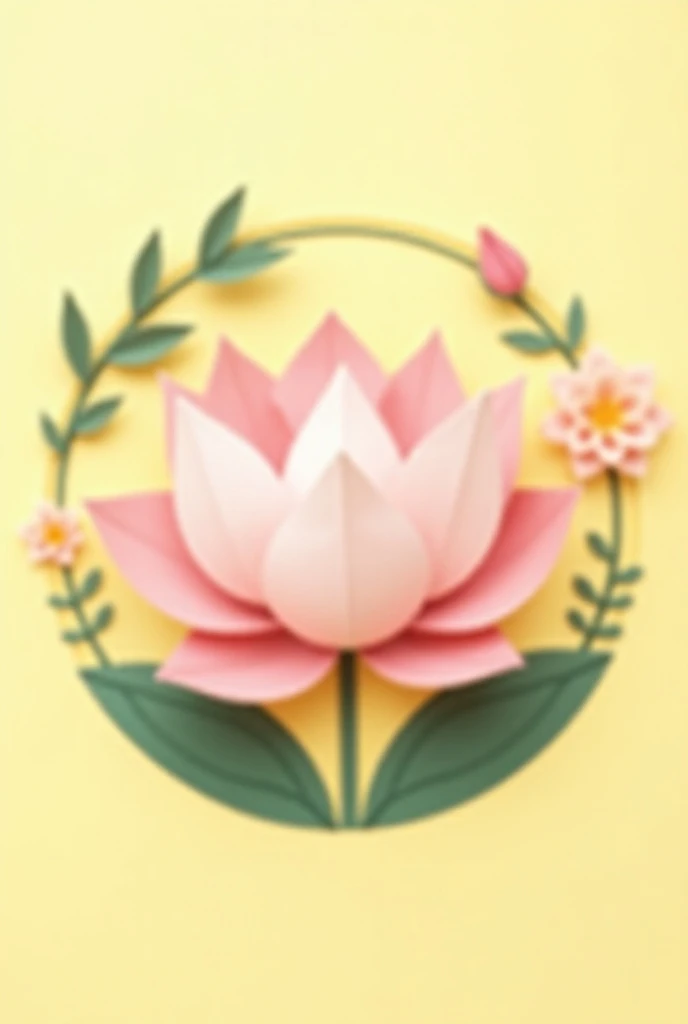 Circular ,  company logo with a paper water lily flower in the center origami style ,  olive leaves surrounding the edges of the logo and a small pink dahlia flower in the lower central part of the Logo.  Cartoon style with a range of pastel colors and a p...