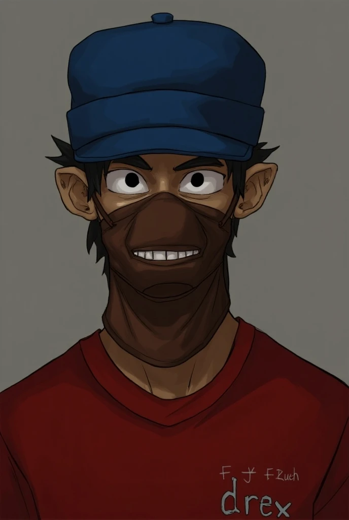 A male male character wearing a blue cap wears a brown mask with teeth in the middle and a black eye and a red shirt with a ten on the left side written on top "drex_ff101"