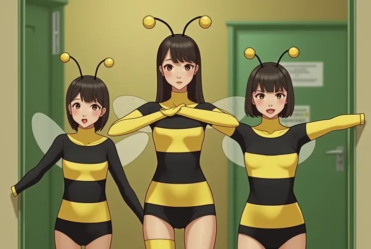 {a most beautiful and the most prettiest five sixteen years old asian chinese teenager girls wear black beautiful bee animal costume lycra long sleeved turtleneck unitard catsuit covered with many yellow stripes with yellow lycra elasticity gloves.They hav...