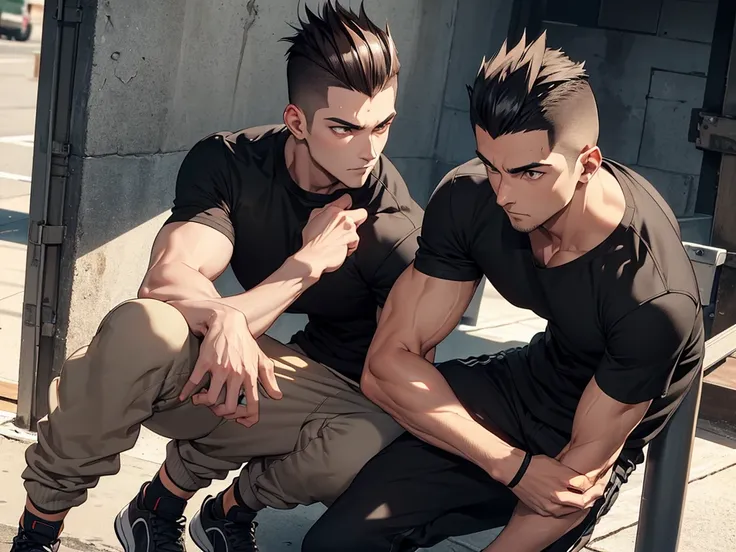 Italian teen male, oliver skin, hunter eyes, sharp face, brown eyes,  low faded sides, short mohawk, sharp eyebrow, lean, tall, masuline features, fitted , handsome face, black fitted t-shirt, black long cargo pants, black running shoes, fighter build, arm...