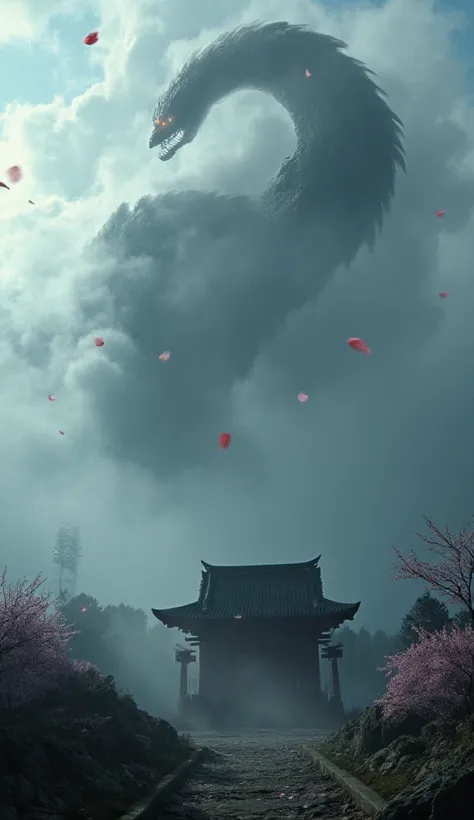 "A terrifying, ghostly dragon representing Japan, with dark, smoke-like scales that twist and curl as it rises above a crumbling Shinto shrine. Its eyes glow ominously, and cherry blossom petals fall like blood drops around its figure. The dragons body sna...