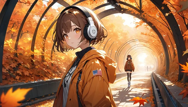 background：In the tunnel of autumn leaves、 colorful leaves spread out on both sides 。  
expression： Im fascinated by the scenery while making my eyes shine。  
Costume： warm jacket and sneakers 。  
Pose： walk slowly 、Step on the leaves 。  
scene：( brown-hai...