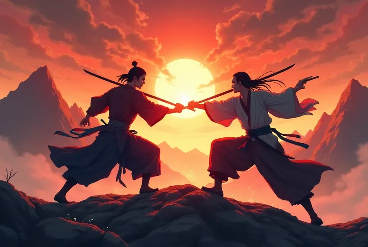  Make the anime-style image of the distant black silhouette of two samurai fighting with their swords in the middle of the top of a mountain in Feudal Japan. yes you can, Make the image have the color palette of red ,  golden yellow and black .