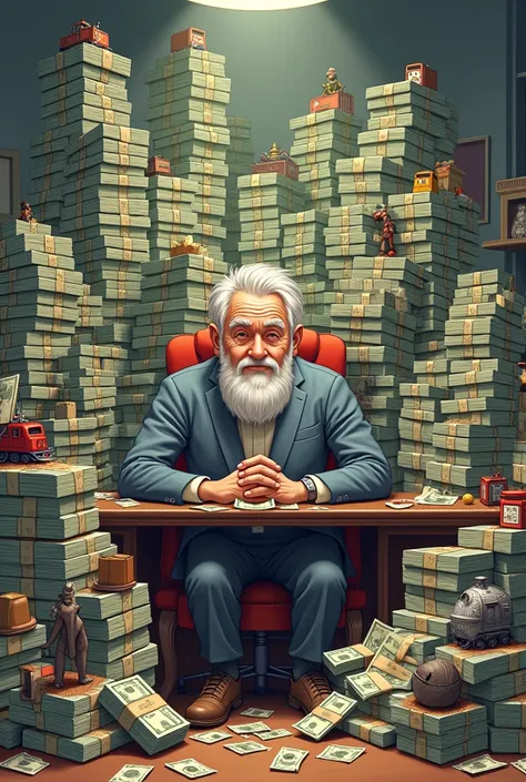  Grey-haired man sitting at a table with a mountain of banknotes and collectibles, trains and cards cartoon 