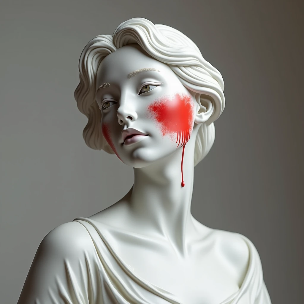 White 3D  marble Sculpture，Elegant woman statue, Red paint on face，Airbrush painting inspired by Cheng Yanjun, Popular on artstation, The art of math, Beautiful art UHD 4K, Detailed 4k, beautiful The art of mathwork, close up shot 