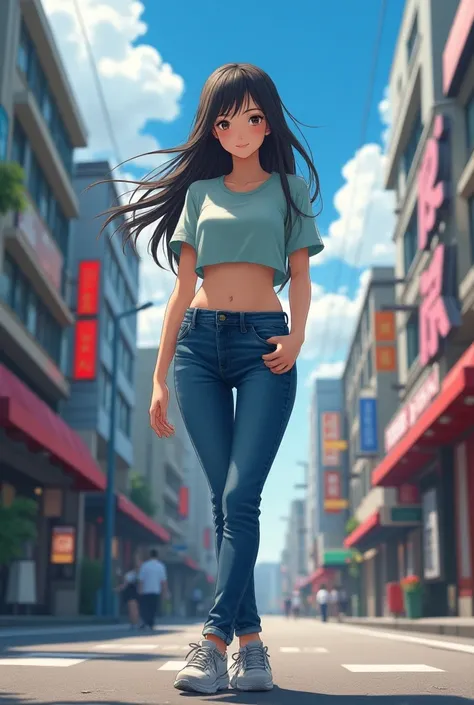 ( Best quality , masterpiece,  Photorealistic, ultra detallado,  ultra high resolution , raw:1.3), 1girls, beautiful, Japanese, smile, blows, (LowriseXL, Low waist XL, Single), t-shirt, long skinny jeans , belly button, (sports shoe, good legs,  full body ...