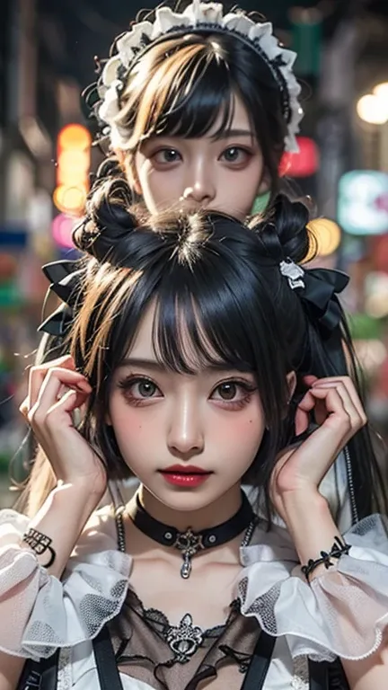 AW Photo, 8k, (top-quality), Realistic, (live-action,  intricate details), ( natural skin texture, Detailed skin,  ããããa¼ ãããããããã , Sharpness), (しゃがんでいるJapanese Teenage Girl 夜の繁華街、Japanese Teenage Girl,  neon light), ((black and white maid costume,  Lolit...