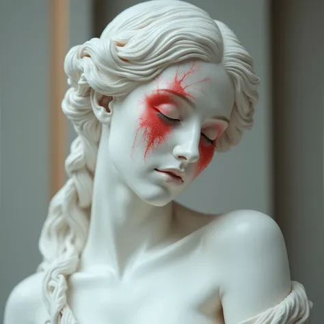 White 3D  marble Sculpture， glowing skin Elegant woman statue, Red paint on face，Airbrush painting inspired by Cheng Yanjun, Popular on artstation, The art of math, Beautiful art UHD 4K, Detailed 4k, beautiful The art of mathwork, close up shot 