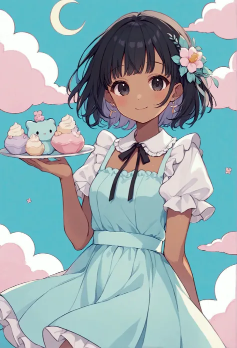 a beautiful woman very cute and adorable, smiling gently, she has tan skin, cute short black hair with bangs, bright black eyes, wearing light blue cute clothes, on a blue background with clouds. make everything in pastel colors.