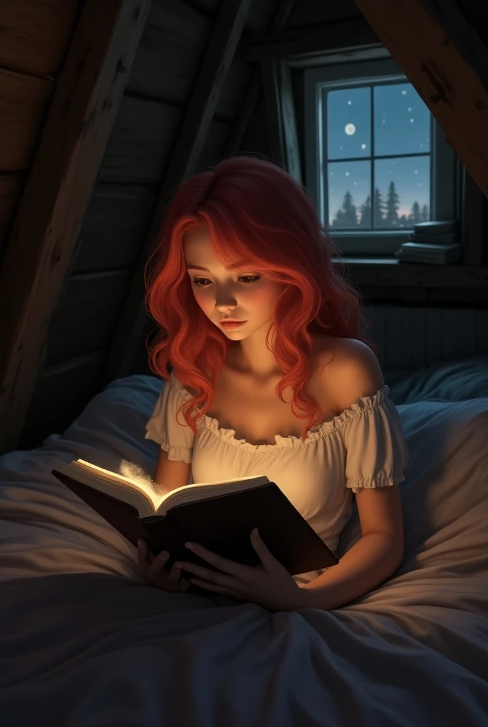 The young woman with reddish and wavy hair ,  in an attic with a book in her hands. It&#39;s night time