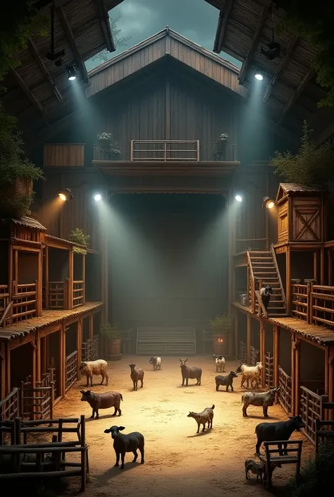 theater stage ,  on the stage has several animal paddocks,  wooden and iron structures , large farmers shed 