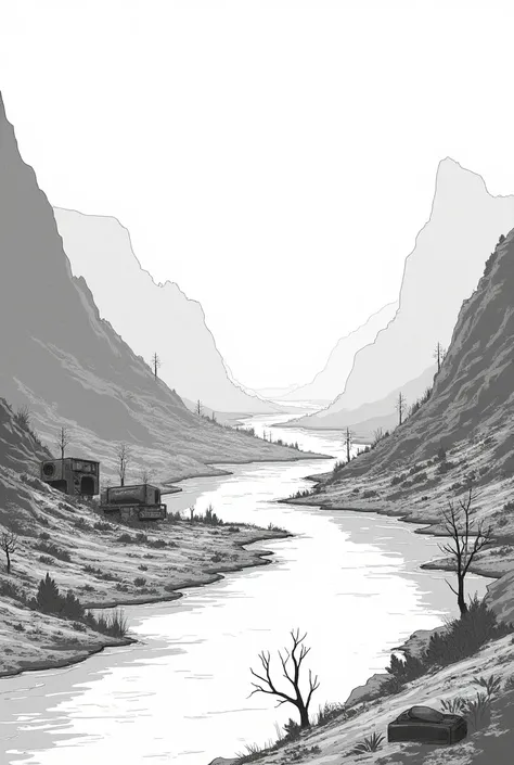  a river and its worn-out surroundings in black and white format (easily drawable with a pinch   )  in the year 2050 that has been seriously damaged by pollution and the exploitation of energies that pollute the planet 