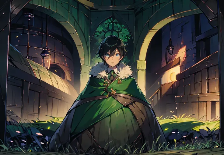 yuichiro hyakuya, (WithoutFear:1), 1 boy, black hair, green eyes, brown coat, gray armor, green shield, green cloak, dark brown gloves, space, legendary aura, white fur trim, tall, anime, standing, good quality, portrait, looking at viewer