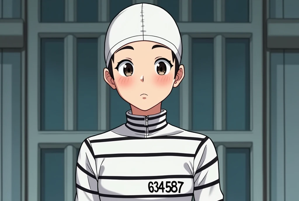 {the handsome Asian teenager boy with beautiful cheeks and thinest body wears white prisoner with black seamless stripes lycra turtleneck unitard catsuit covered with black Large seamless stripes with 634587 prisoner sign number and always wearing prisoner...