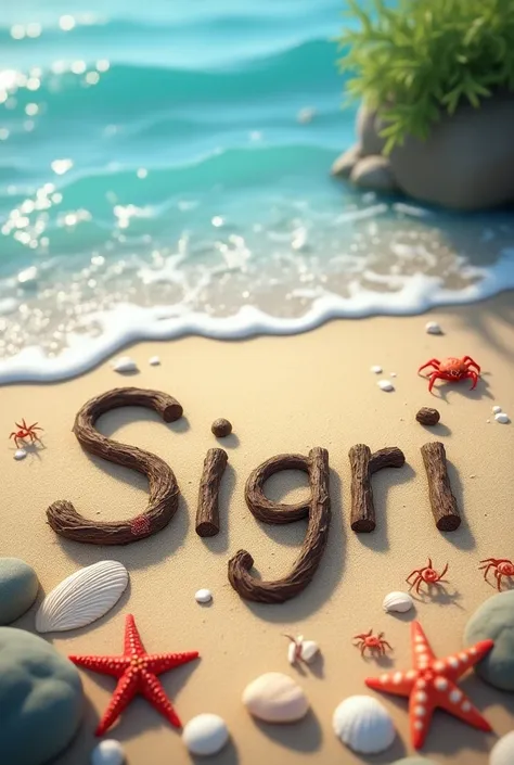  Sigris name written on the shore of a beach, starfish , shells , Little crabs 