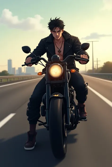 Asha on the Motorcycle - Highway Scene: "Create a cinematic anime scene featuring Asha, a fierce MMA fighter, riding a sleek, dark motorcycle along an open highway in the middle of the day. His expression is intense and contemplative, as he reflects inward...