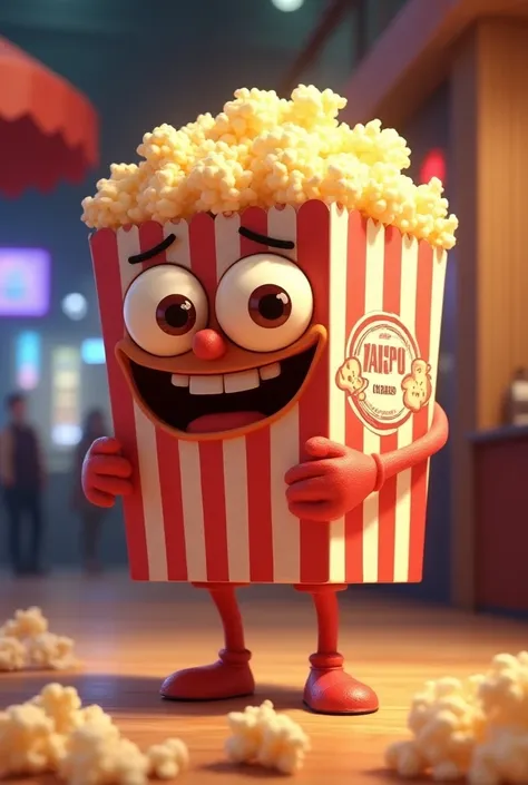 An animated character that is a popcorn box that you are reading 