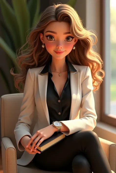  A Disney Pixar 3D style woman best quality round face beautiful full body wearing sunglasses honey brown eyes , smile on her face long curly light brown hair with golden reflections , Black clothing with a white blazer .  She is sitting with a book on her...