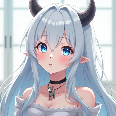 1 girl, anime,  long hair , white hair , with blue eyes ,horned,  dog necklace y in 4