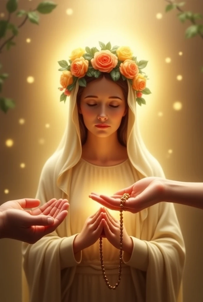 A beautiful, serene image of the Virgin Mary in a holy and peaceful setting. She is portrayed with a glowing halo adorned with roses of various colors, symbolizing purity and grace. Mary is seen holding a rosary with gentle, humble hands, as another hand o...