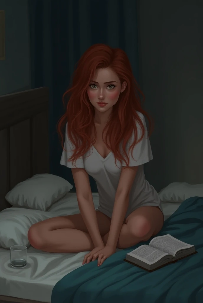 The young woman with reddish and wavy hair ,  is going to go to bed, Still not sleeping  