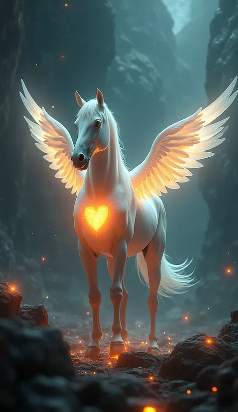 A white horse with wings that has a heart of fire in the middle and that is in a dark place with applications and black lights