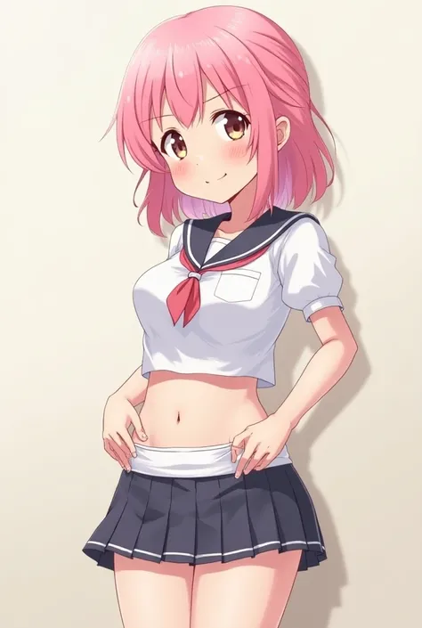 An anime-style 18-year-old girl / cartoon with pink hair and student uniform wearing a skirt showing her panties and vagina