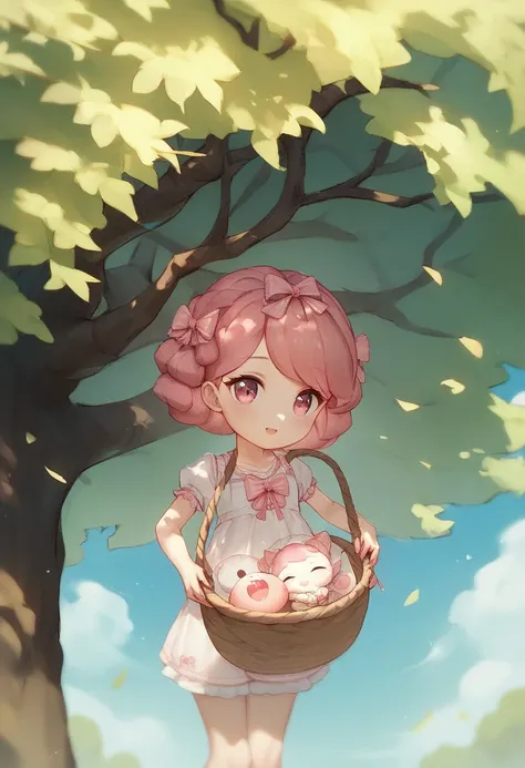 A beautiful large willow tree with a woven baby basket under the tree.  A baby is in the basket. The baby is wearing pink and a pink head bow. A beautiful scene. 8k 