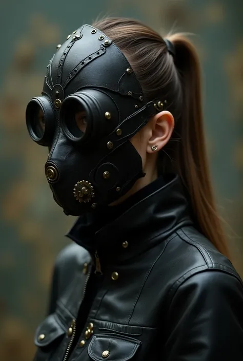 Masque à cartouche anti particules fonctionnel. En cuire. Steam punk. Noir. 

Porté par une femme aux cheveux longs et attachés. 
Ambiance guerrière et calme. 